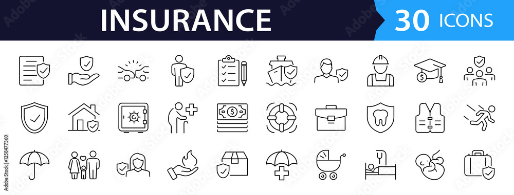 Insurance set of web icons in line style. Insurance and assurance icons for web and mobile app. Protection of health, life, property, car, home, travel insurance icons and more. Vector illustration