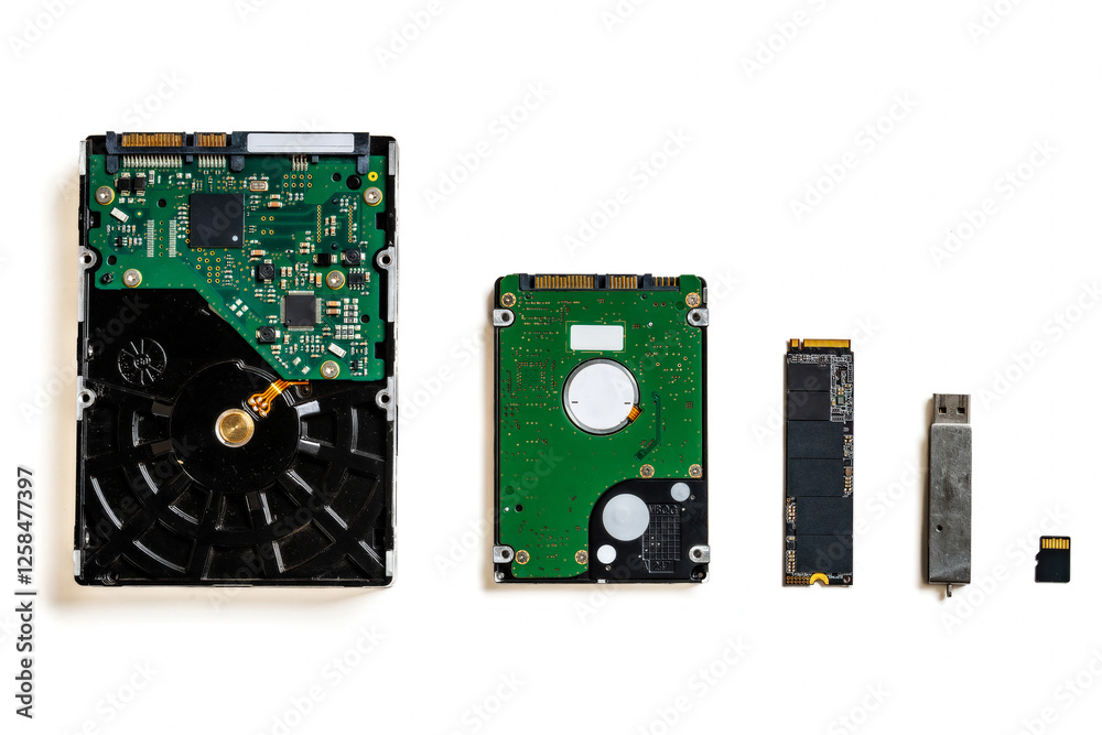 The evolution of storage devices. Several different storage media from the last 30 years, collected in one picture. From old to modern. In the photo: HDD, USB flash drive, SSD disk, flash card.
The evolution of storage devices. Several different storage media from the last 30 years, collected in one picture. From old to modern. In the photo: HDD, USB flash drive, SSD disk, flash card.