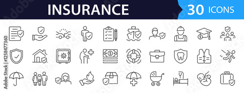 Insurance set of web icons in line style. Insurance and assurance icons for web and mobile app. Protection of health, life, property, car, home, travel insurance icons and more. Vector illustration