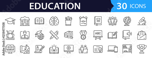 Education set of web icons in line style. Learning icons for web and mobile app. E-learning, video tutorial, knowledge, study, school, university, webinar, online education. Vector illustration