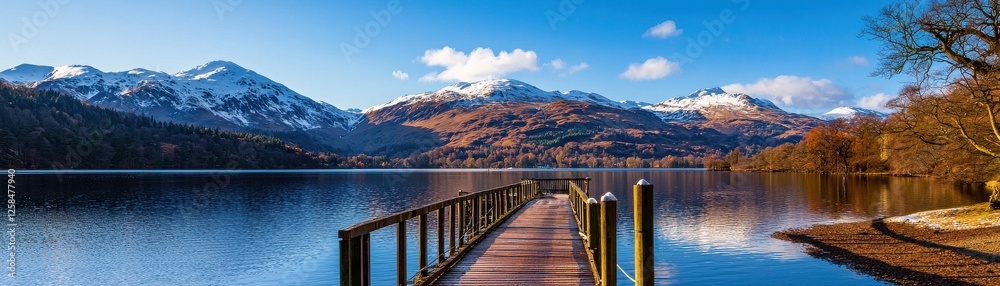 Naklejka premium A serene lakeside view featuring a wooden dock, surrounded by majestic mountains and clear blue skies.