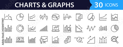 Graphs and Graphs set of web icons in line style. Charts and diagram icons for web and mobile app. Business infographic, charts, statistics, growth, growing bar graph and more. Vector illustration