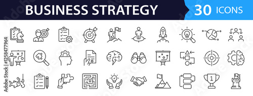 Business strategy set of web icons in line style. Business solutions icons for web and mobile app. Action List, research, solution, team, marketing, startup, advertising, business process, management