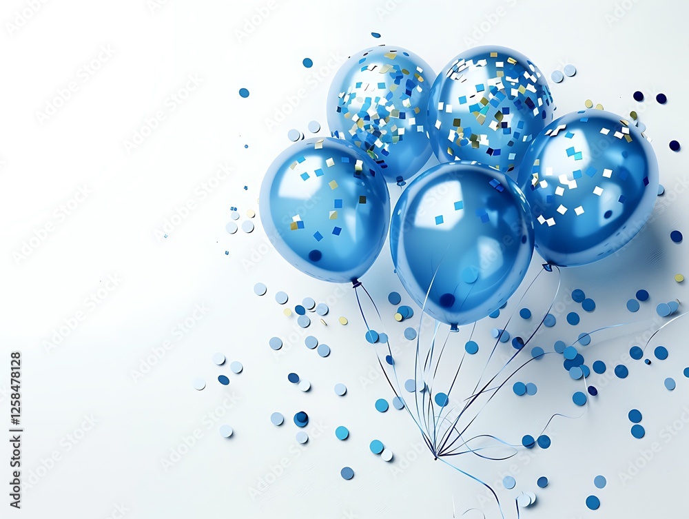 Photorealistic blue balloons and confetti on a bright white background, with ample copy space, ideal for birthday party decoration concepts.