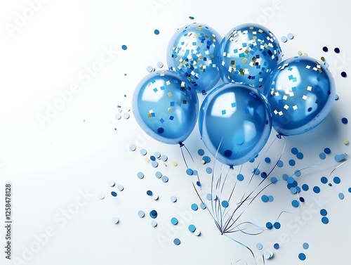 Obraz na płótnie Photorealistic blue balloons and confetti on a bright white background, with ample copy space, ideal for birthday party decoration concepts. w salonie