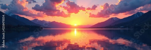 Sunset over a serene lake with mountains in the background , tranquility, scenery, sunset