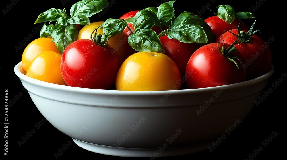 Red and yellow tomatoes, basil, bowl, dark background, food photography Red and yellow tomatoes, basil, bowl, dark background, food photography
