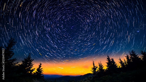 Star Trails Over Forest at Sunset photo