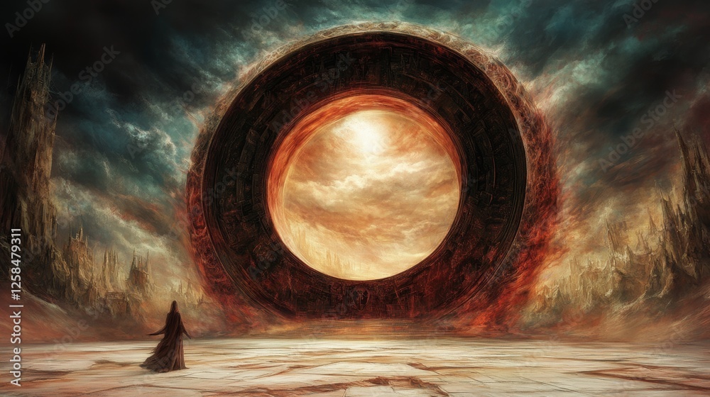 Obraz premium A lone figure in a dark robe stands before a colossal, ancient portal, its fiery depths hinting at a mystical journey.