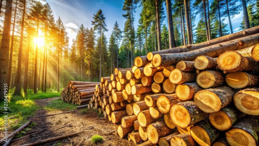 Golden Hour Lumber Stack in a Sun-Dappled Forest Golden Hour Lumber Stack in a Sun-Dappled Forest