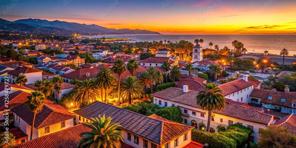 Fototapeta premium Aerial View of Santa Barbara, California at Sunset: Tiled Roofs & Pacific Ocean