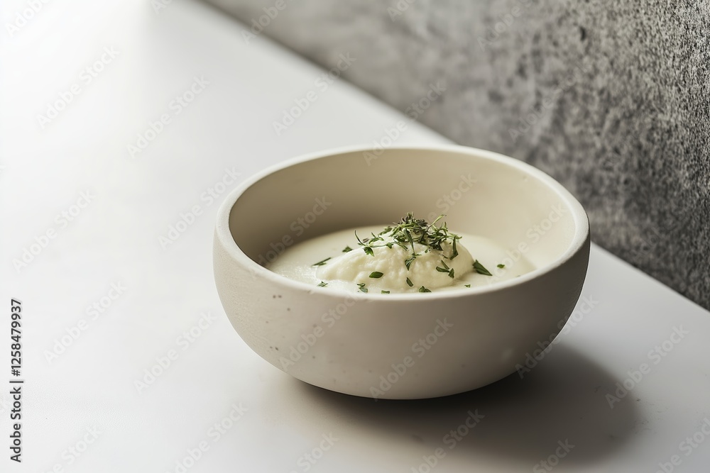Creamy cauliflower soup with coconut milk garnished with herbs in modern bowl. Concept showcases paleo diet recipes emphasizing healthy, delicious flavors and ingredients. Creamy cauliflower soup with coconut milk garnished with herbs in modern bowl. Concept showcases paleo diet recipes emphasizing healthy, delicious flavors and ingredients.