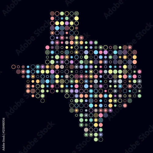 Texas, shape of the state build of colored cells. Digital style map of Texas on dark background. Large size circle blocks. Artistic vector illustration. photo