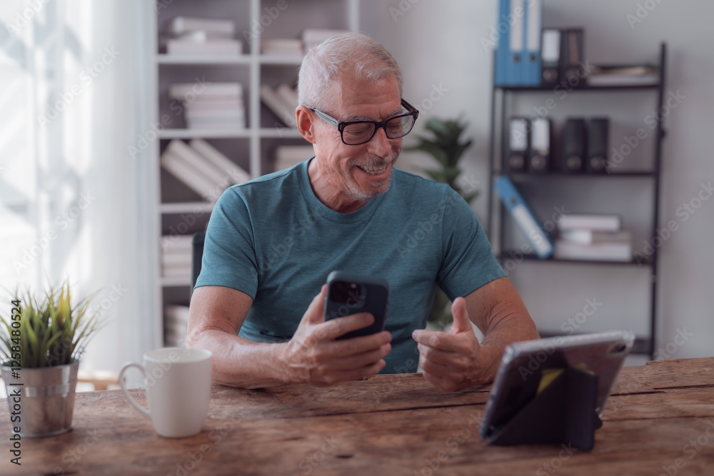 Smiling senior man wearing glasses using smartphone and tablet for video call, sitting at wooden table in home office, gesturing and explaining something Smiling senior man wearing glasses using smartphone and tablet for video call, sitting at wooden table in home office, gesturing and explaining something