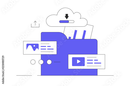 Data storage. Cloud service concept. Uploaded files to the cloud storage. Flat Cartoon Vector Illustration, icon. Stylish abstract web design