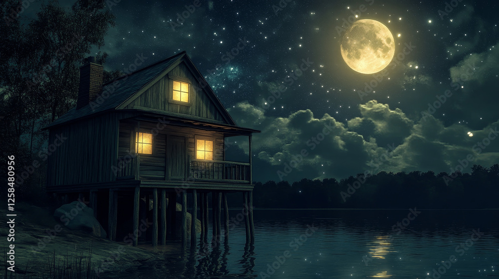 House on stilt at night near lake vector game background. Pond water and wood hut above full moon and stars in sky. Vacation wooden shack near forest with porch, chimney, door and glow window. House on stilt at night near lake vector game background. Pond water and wood hut above full moon and stars in sky. Vacation wooden shack near forest with porch, chimney, door and glow window.