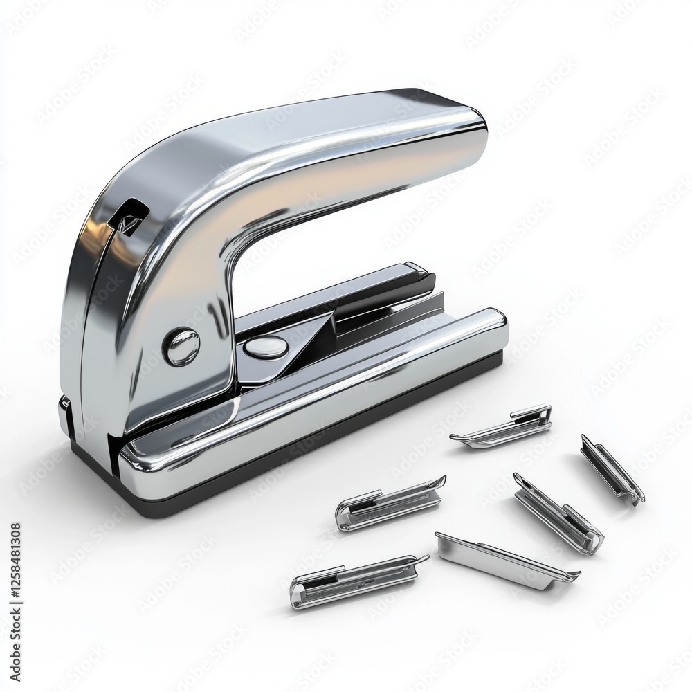 Shiny Modern Stapler with Metal Finish and Several Staples Arranged Neatly on White Background for Office Supplies and Stationery Use Shiny Modern Stapler with Metal Finish and Several Staples Arranged Neatly on White Background for Office Supplies and Stationery Use