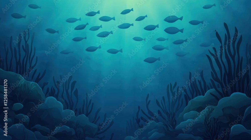 Fototapeta premium Underwater Scene with School of Fish Swimming Among Coral Reefs