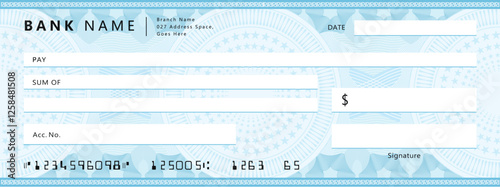 Blank bank check, checkbook cheque template with blue guilloche, vector mockup. Money payment bank check voucher or pay cash cheque certificate, account bill paycheck with guilloche pattern	