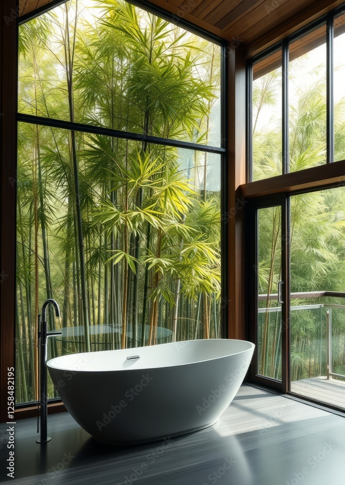 A modern room with a freestanding bathtub and glass window overlooking a lush bamboo forest bright airy simple elegant design green vibrant bamboo trees serene and tranquil bamboo house background bea