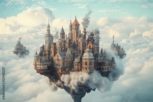 Castle floating in cloudy sky photo