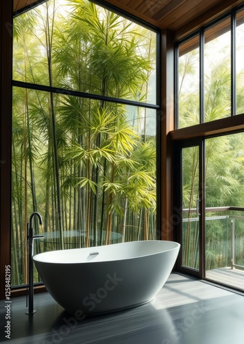 Obraz na płótnie A modern room with a freestanding bathtub and glass window overlooking a lush bamboo forest bright airy simple elegant design green vibrant bamboo trees serene and tranquil bamboo house background bea w salonie