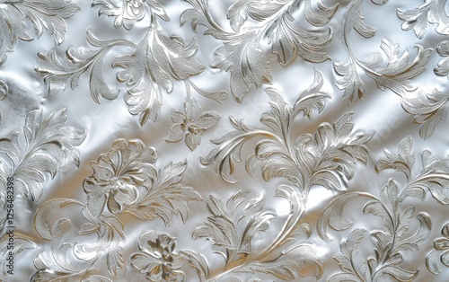 A tarnished silver brocade fabric background with embossed floral details and worn velvet texture