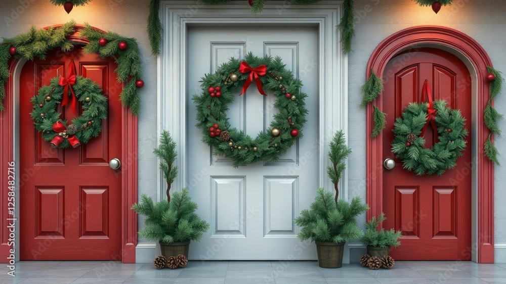 Fototapeta premium Festive wreaths on doors and walls with evergreen branches and pinecones, pinecones, festive wreaths