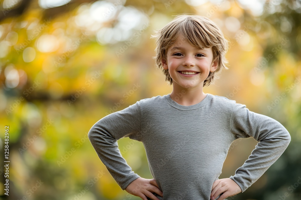 A cheerful young boy smiling with hands on hips outdoors, embodying confidence and joy on a sunny day A cheerful young boy smiling with hands on hips outdoors, embodying confidence and joy on a sunny day