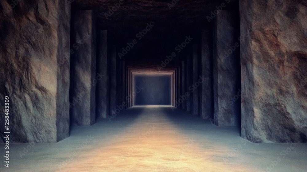 Mysterious stone corridor with a dimly lit path ahead, promising secrets and adventure. Mysterious stone corridor with a dimly lit path ahead, promising secrets and adventure.