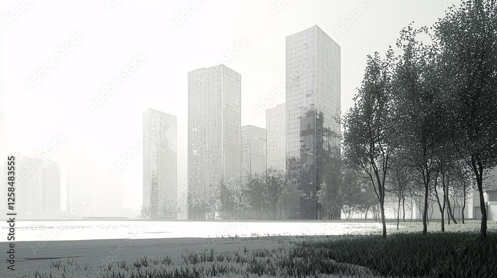 Fototapeta premium image of a Chinese skyline with fading skyscrapers, indicating a slowdown in growth, set against a white backdrop for copy. China and the World Economy [China]:[Economy Slowdown] Chinese skyline, 