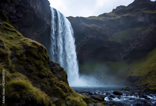 Majestic Waterfall in Iceland's Lush Landscape