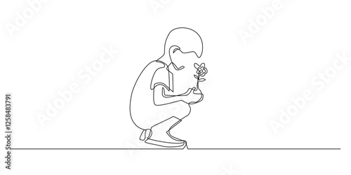 continuous line of child preparing to plant flowers.one line drawing of child holding flower seeds in hand.greening activity,ecology.single line vector illustration