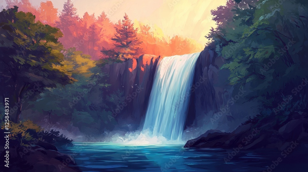Fototapeta premium Serene Waterfall Amidst Lush Forest and Vibrant Sunset Glow
