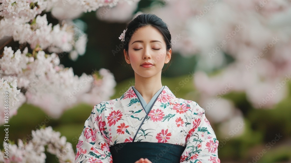 Serene Woman in Traditional Kimono Surrounded by Cherry Blossoms Serene Woman in Traditional Kimono Surrounded by Cherry Blossoms