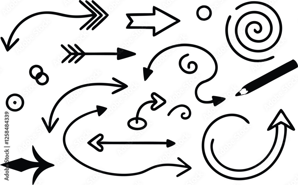 Naklejka premium Handdrawn arrows, swirls, circles, design elements, vector graphics, illustration, sketch, doodle, a