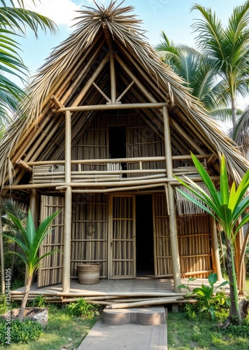 Village house made from bamboo and interwoven palm leaves in a rural area of myanmar bamboo house background beautiful bamboo asian seaport baltic sea antebellum