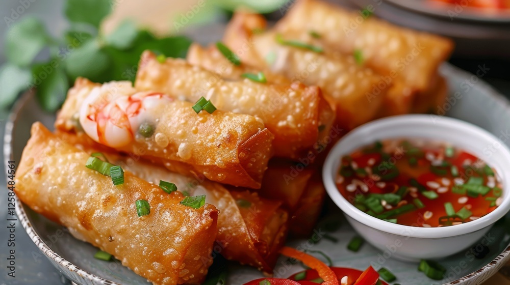 A close-up of crispy, golden spring rolls, freshly fried, paired with a dipping sauce in a stylish white dish. A close-up of crispy, golden spring rolls, freshly fried, paired with a dipping sauce in a stylish white dish.