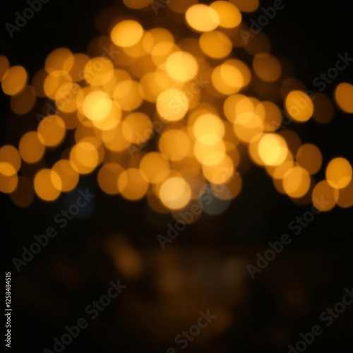 Blurry golden and white fairy string lights in dark night creating beautiful bokeh effect with glowing circles or shiny dots abstract image for christmas or holiday card banner or background Bokeh 