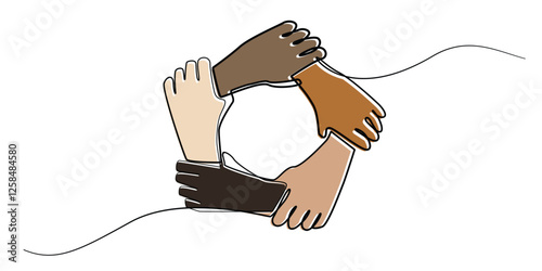 line art drawing of hands connected together in various skin colors.diversity of skin colors working together.line art of racial and ethnic diversity.one line vector illustration