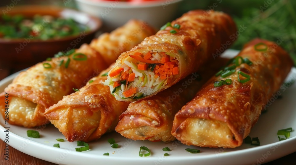 Golden spring rolls: Freshly fried, with one cut open to reveal a steaming hot filling of vegetables and shrimp. Golden spring rolls: Freshly fried, with one cut open to reveal a steaming hot filling of vegetables and shrimp.
