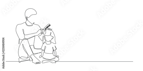 continuous line of father combing daughter's hair.one line drawing of father and daughter relationship.single line vector illustration.isolated white background
