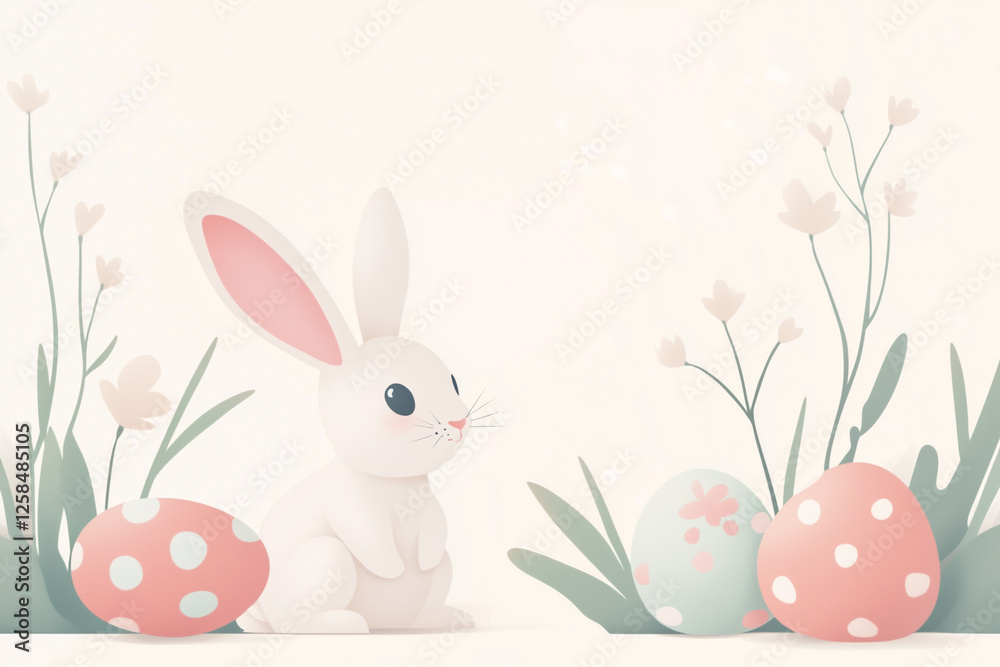 Obraz premium A modern and clean Easter illustration with a cute bunny sitting next to pastel-colored eggs and delicate spring flowers. The soft shading and minimalistic style