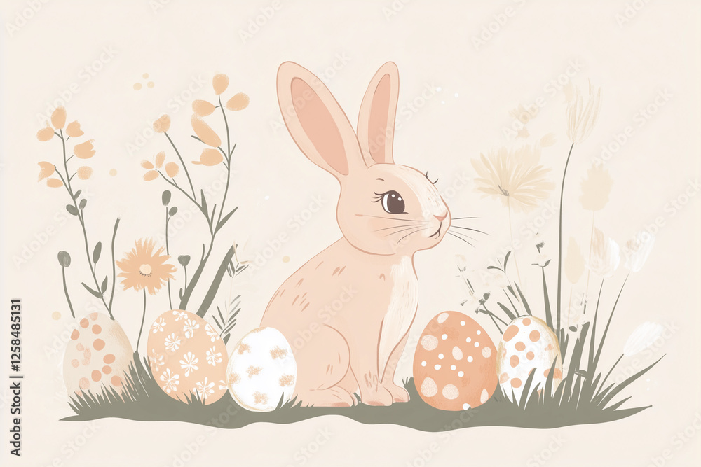 Obraz premium A modern and clean Easter illustration with a cute bunny sitting next to pastel-colored eggs and delicate spring flowers. The soft shading and minimalistic style
