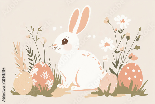 A modern and clean Easter illustration with a cute bunny sitting next to pastel-colored eggs and delicate spring flowers. The soft shading and minimalistic style