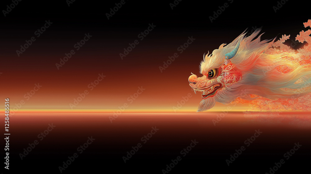 Obraz premium Fiery Dragon Ascendant: A mythical dragon, ablaze with fire and power, takes flight against a fiery red horizon. Its eyes gleam with ancient wisdom and power.