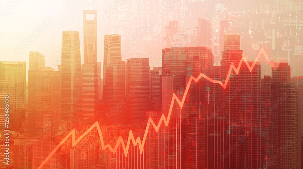 Naklejka premium exposure of the Chinese skyline with a financial chart showing a downward trend, symbolizing the economic slowdown, isolated on white. Double Exposure.[China]:[Economy Slowdown] Double exposure, 