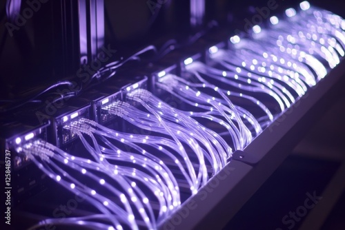 Purple light pulses through fiber optic cables in a network device. photo