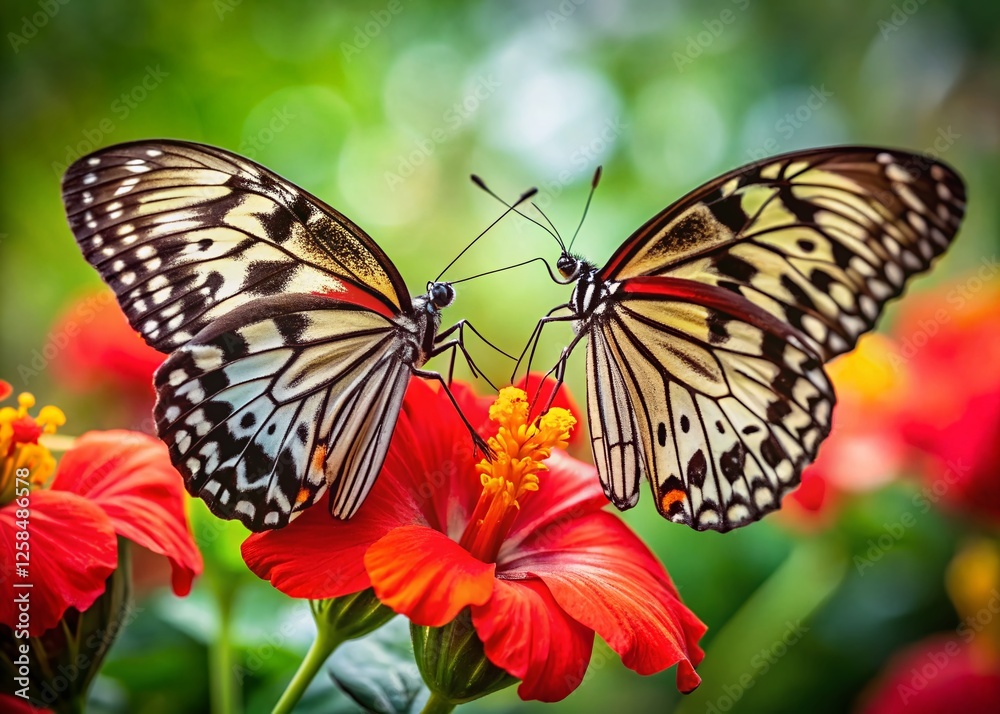 Fototapeta premium Two Butterflies on Red Flower, Bokeh Background, Macro Photography