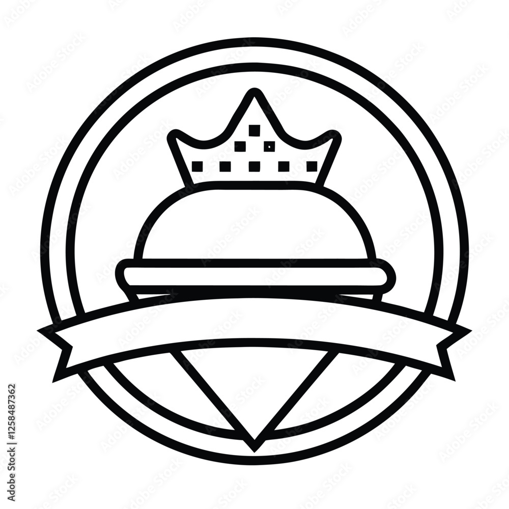 Crowned Burger Outline Vector Logo with Banner and Circular Frame – Minimalist Fast Food Emblem Design Crowned Burger Outline Vector Logo with Banner and Circular Frame – Minimalist Fast Food Emblem Design